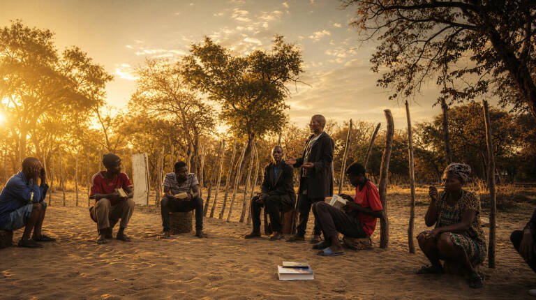Church leaders seated in an outdoor listening circle in Namibia, reflecting on congregational consultation, missional discernment and community-based ministry