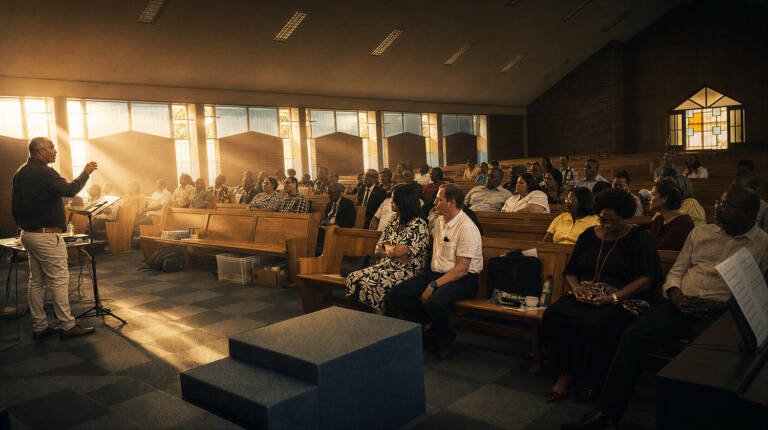 Church leadership training session inside a Namibian congregation, focused on pastoral formation, theological reflection and healthy church renewal