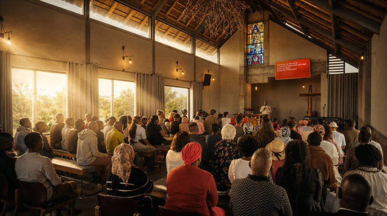 Congregation gathered inside a church for worship and teaching, representing healthy congregations, Christian formation and church leadership development in Namibia
