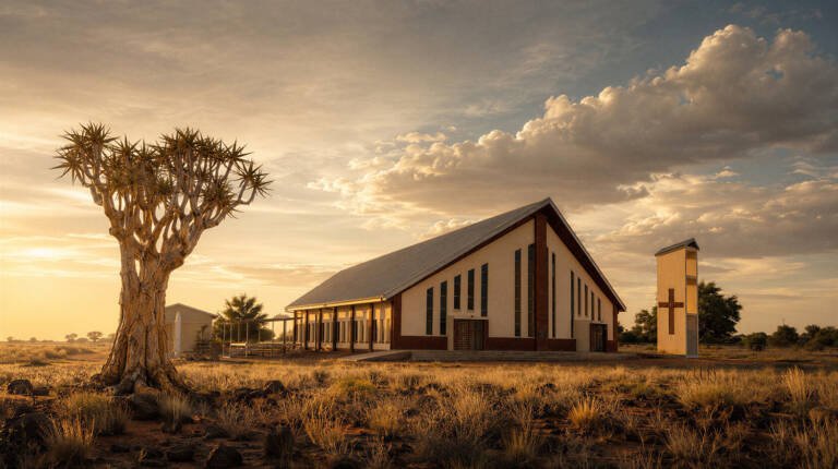 Dutch Reformed church in Namibia beside a kokerboom tree at sunset, symbolising small church renewal, congregational discernment and faithful ministry in rural communities