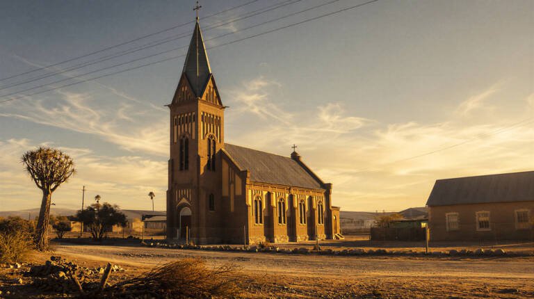 Historic Namibian church with kokerboom tree in a rural desert landscape, representing small congregations, church leadership and community-rooted Christian ministry