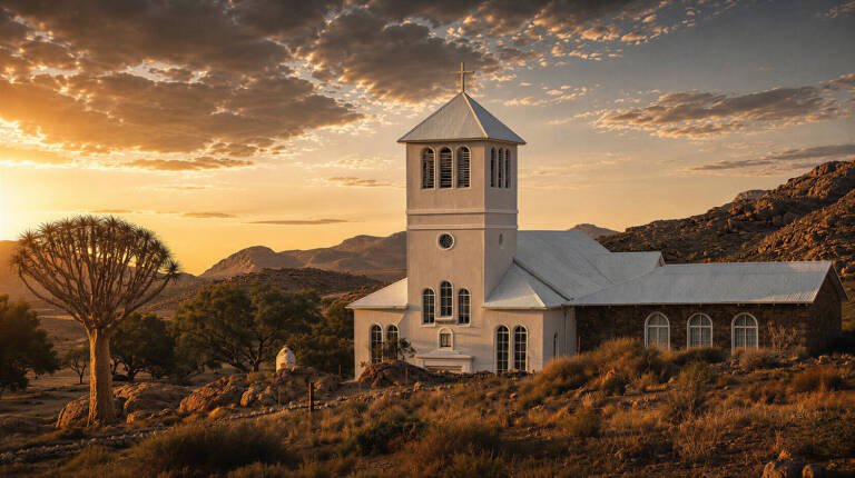 Namibian church building in a rocky desert landscape at golden hour, showing faith, rural congregations, missional identity and church renewal in Namibia