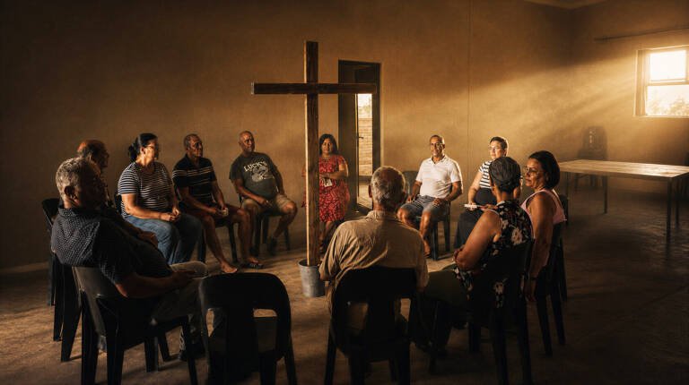 Small church group seated around a wooden cross for prayerful conversation, symbolising congregational listening, discernment and spiritual renewal