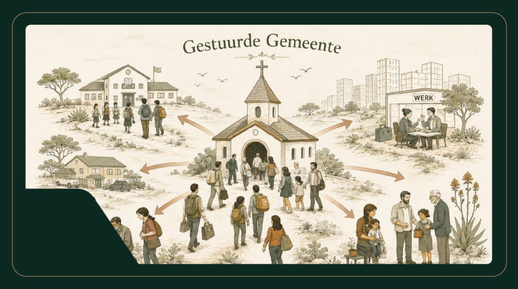 Congregational development illustration showing a small congregation walking together toward renewal, with symbols of listening, understanding, discernment, learning, action and accompaniment.