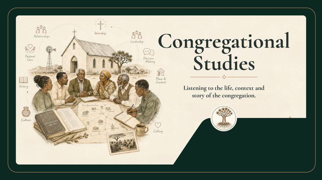 Congregational studies illustration showing a small Namibian congregation, church records, community map and pastors in conversation as Kokerboom listens to the life, context and calling of a congregation.