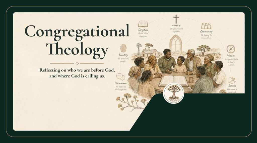 Practical theology illustration showing pastors and congregants gathered around Scripture, listening, reflecting, serving and learning together in the everyday life of a small congregation.