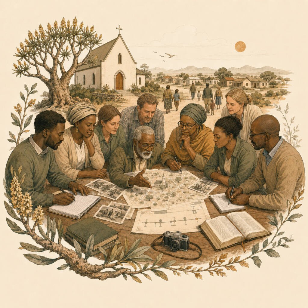 Diverse group of church leaders and congregation members gathered around maps, notes, photographs and a Bible, reflecting together through the Kokerboom congregational discernment toolkit in Namibia.