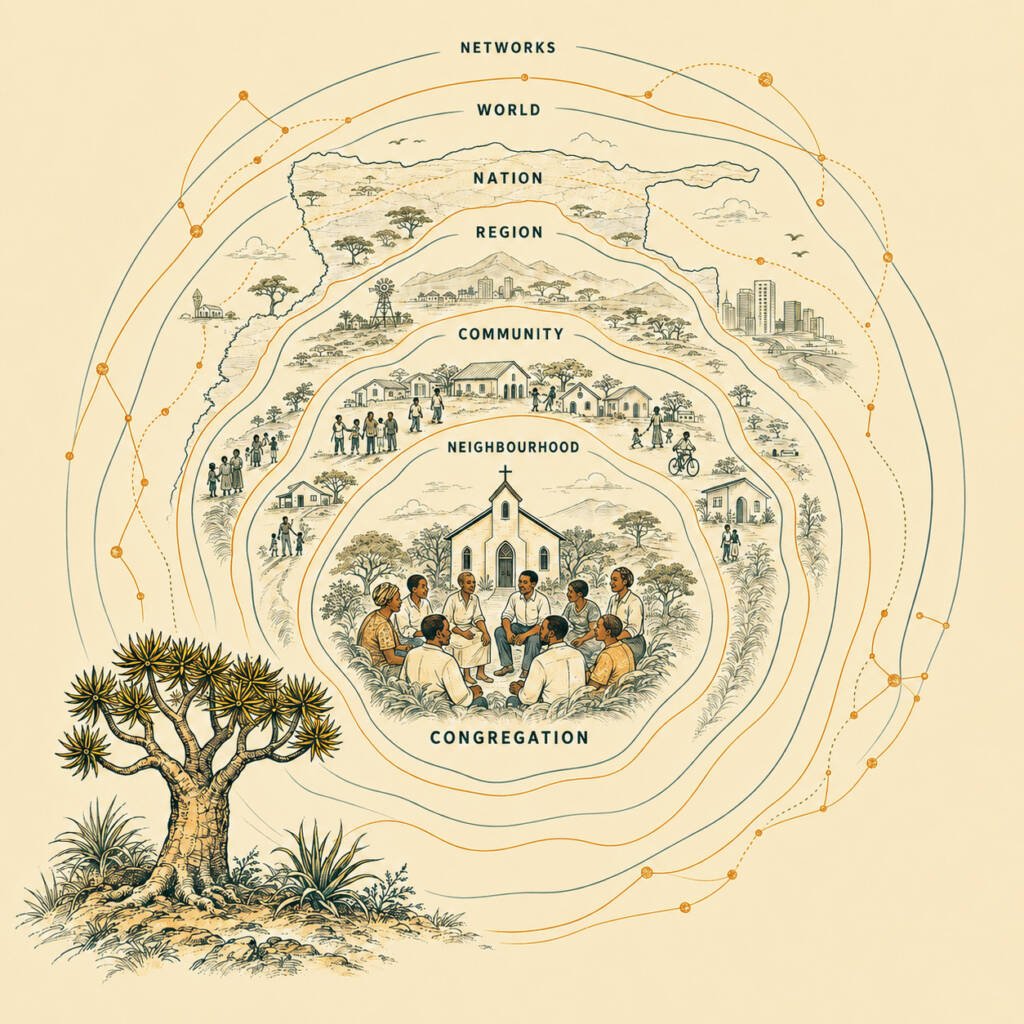 Kokerboom ecology frame illustration showing how congregation, neighbourhood, community, region, nation, world and networks shape church mission in Namibia.
