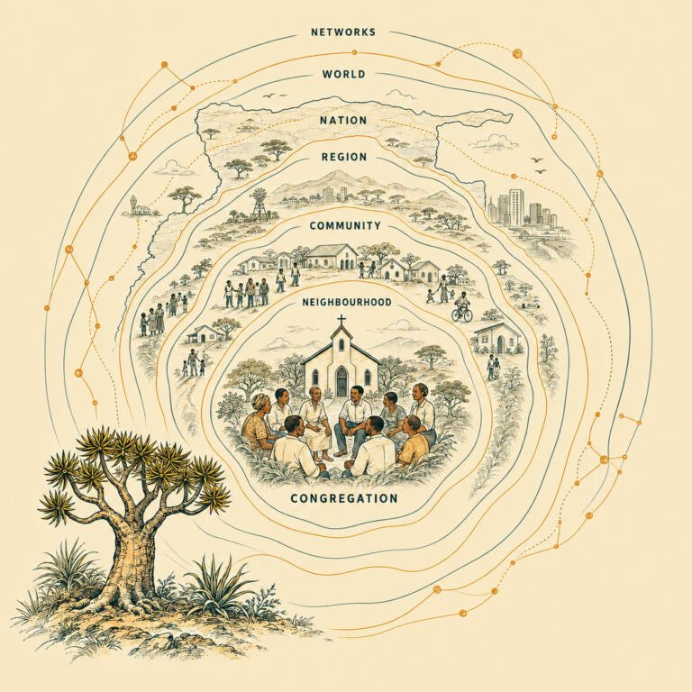 Kokerboom ecology frame illustration showing how congregation, neighbourhood, community, region, nation, world and networks shape church mission in Namibia.