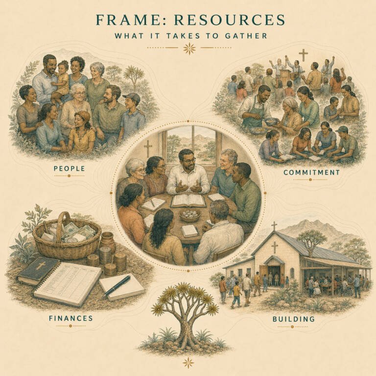 Kokerboom resources frame illustration showing people, commitment, finances and buildings supporting congregational renewal in Namibia.