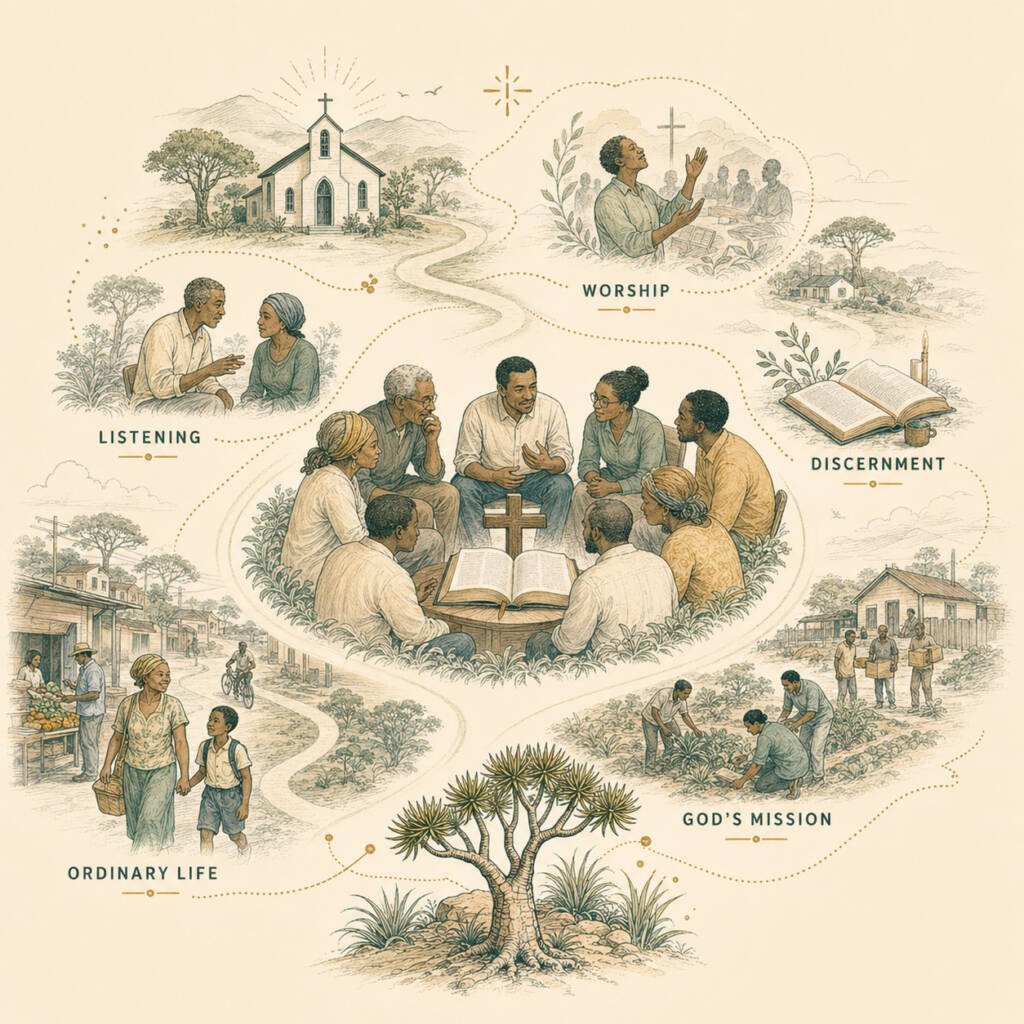 Kokerboom theology frame illustration showing worship, listening, discernment, ordinary life and God’s mission in a Namibian congregation.