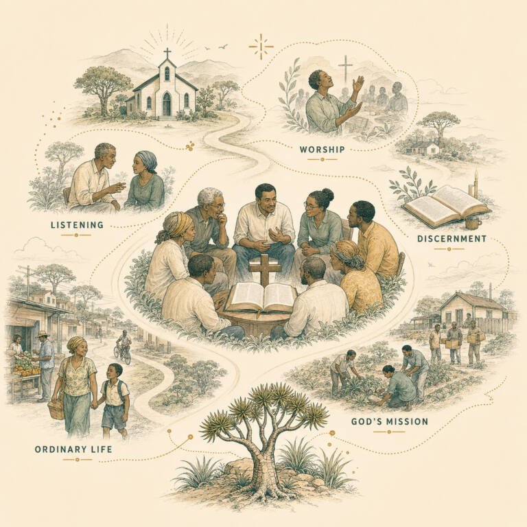 Kokerboom theology frame illustration showing worship, listening, discernment, ordinary life and God’s mission in a Namibian congregation.