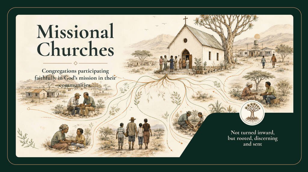 Missional churches illustration showing a small Namibian church rooted in its community, with pathways, people serving and Kokerboom symbols of discernment, mission and faithful participation in the Missio Dei.