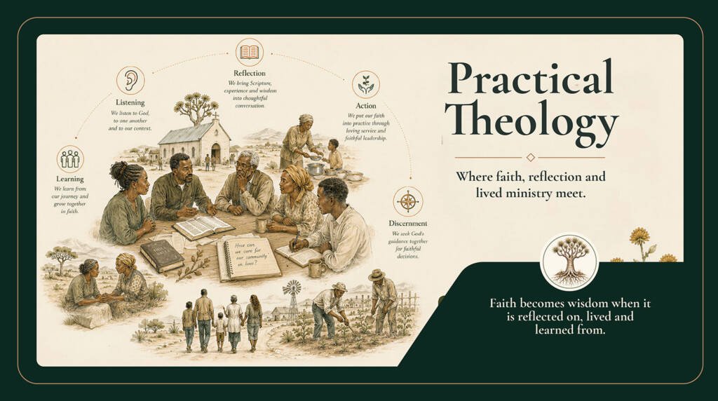 Practical theology illustration showing pastors and congregants gathered around Scripture, listening, reflecting, serving and learning together in the everyday life of a small congregation.